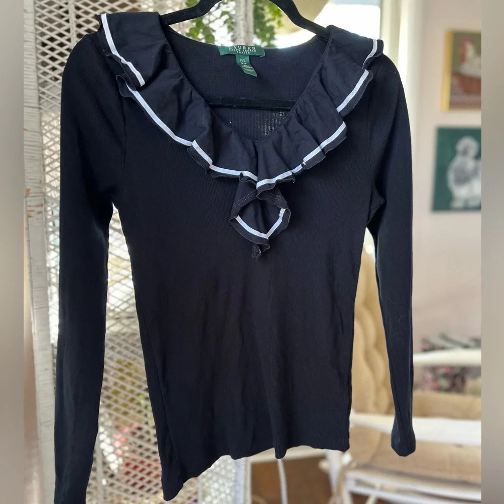 Lauren Ralph Lauren Petites Small Black Ruffle V Neck Cotton Long Sleeve Sweater